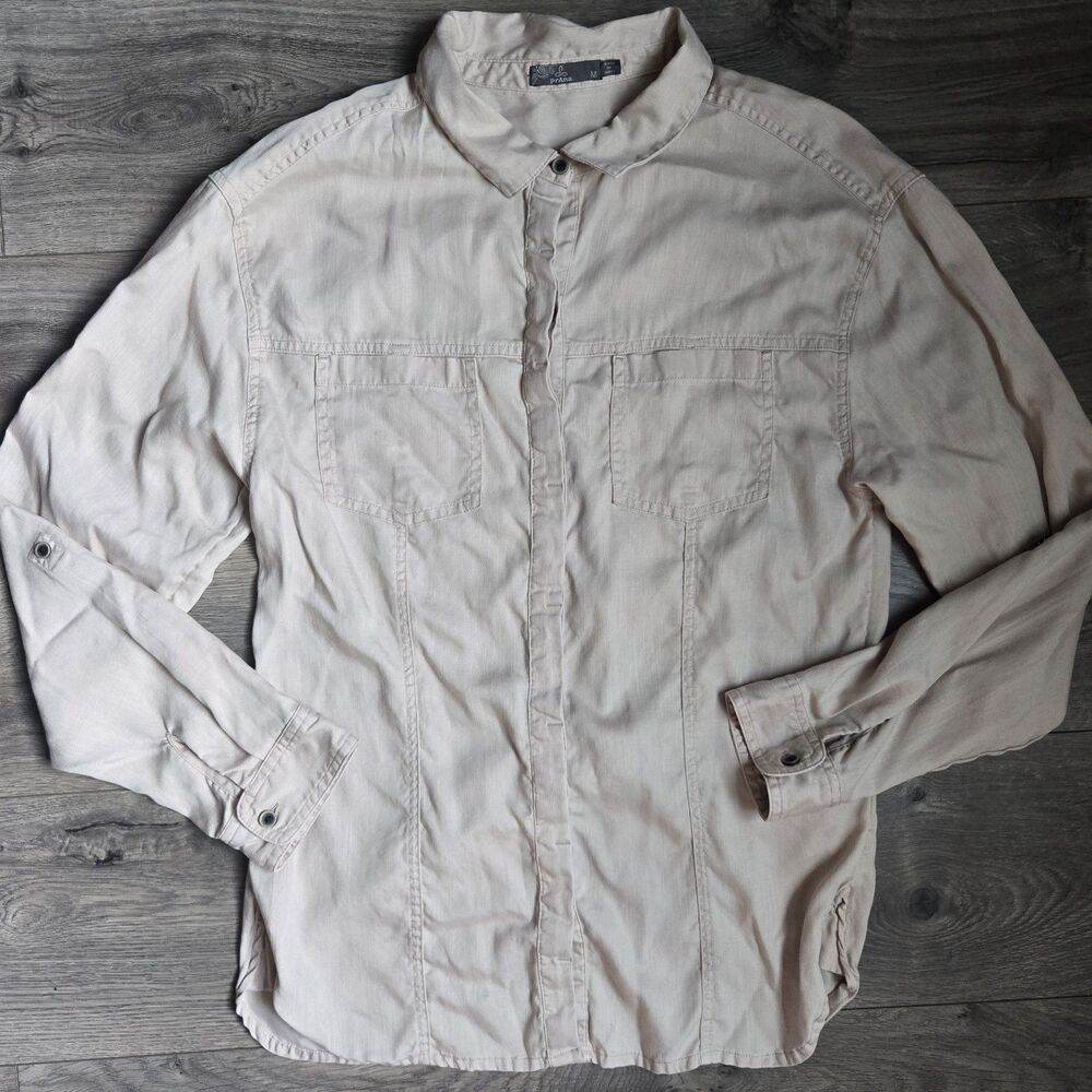 prAna Women Medium Tencel Button Down Shirt Tan Beige Utility Travel Top Blouse